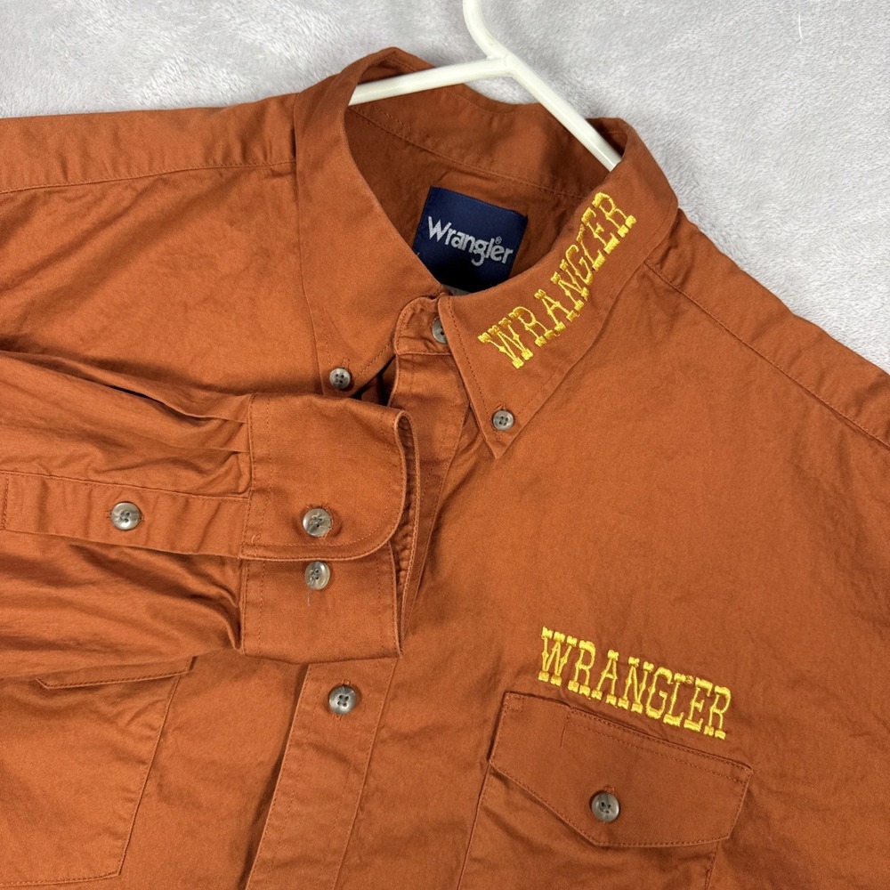 Wrangler Western Shirt Mens XL Orange Embroidered Logo Cowboy Rodeo Button Up